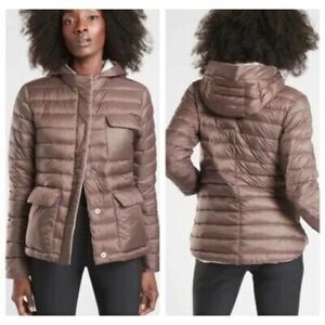Athleta Pulse Reversible Down Puffer Jacket 800 Fill Mineral/Cream Woman's XS